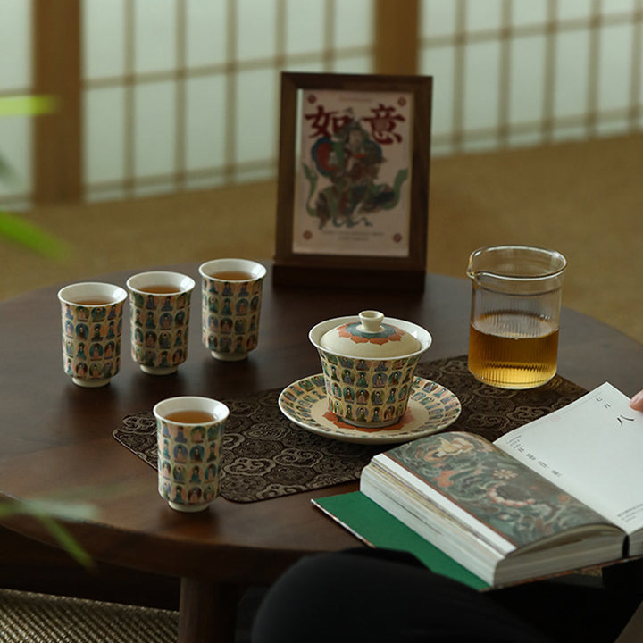 Buddha Stones敦煌色千仏飛天沙文様蓋碗 カンフー茶碗 蓋付き