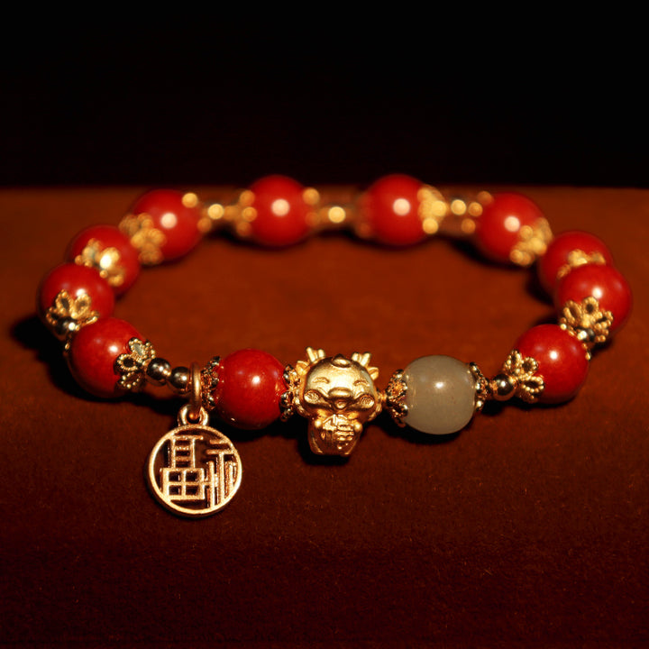 Buddha Stones天然辰砂福文字チャーム祝福ブレスレット