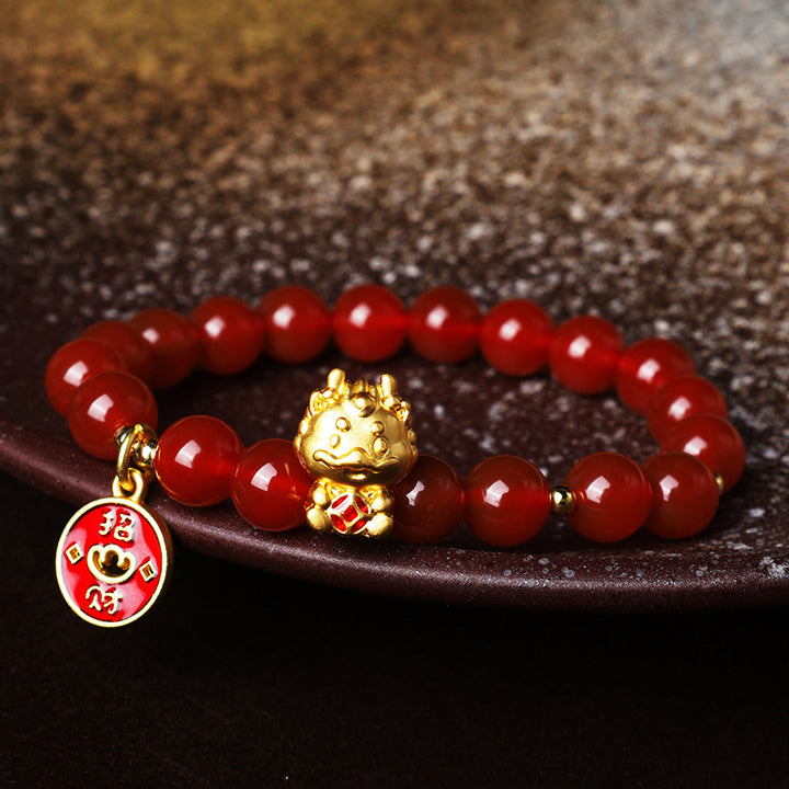 Buddha Stonesの年 天然赤瑪瑙銅貨幸運繁栄を引き寄せるブレスレット
