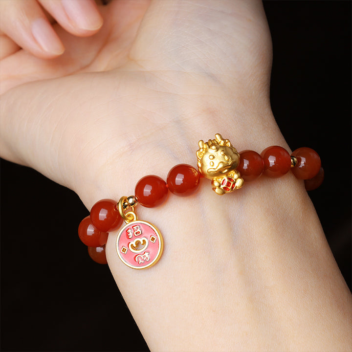 Buddha Stonesの年 天然赤瑪瑙銅貨幸運繁栄を引き寄せるブレスレット