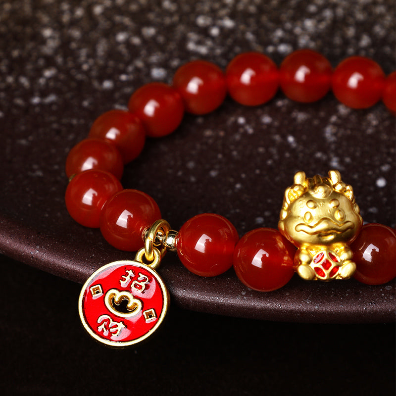 Buddha Stonesの年 天然赤瑪瑙銅貨幸運繁栄を引き寄せるブレスレット