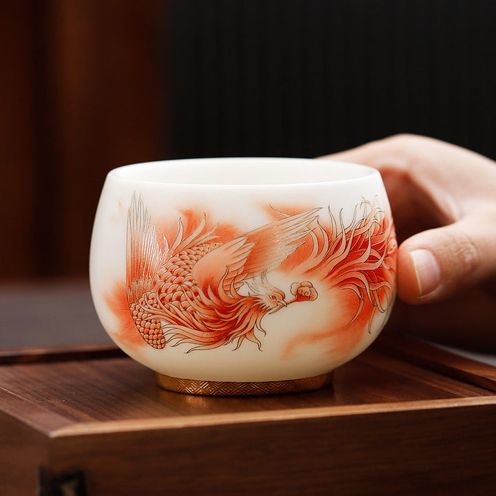Buddha Stones鳳凰白磁陶器ティーカップカンフーティーカップ