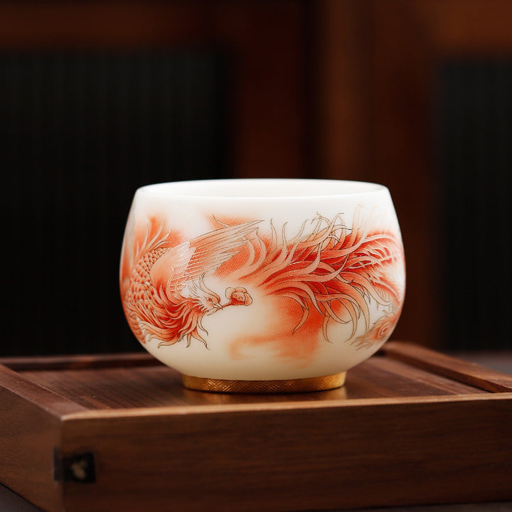 Buddha Stones鳳凰白磁陶器ティーカップカンフーティーカップ
