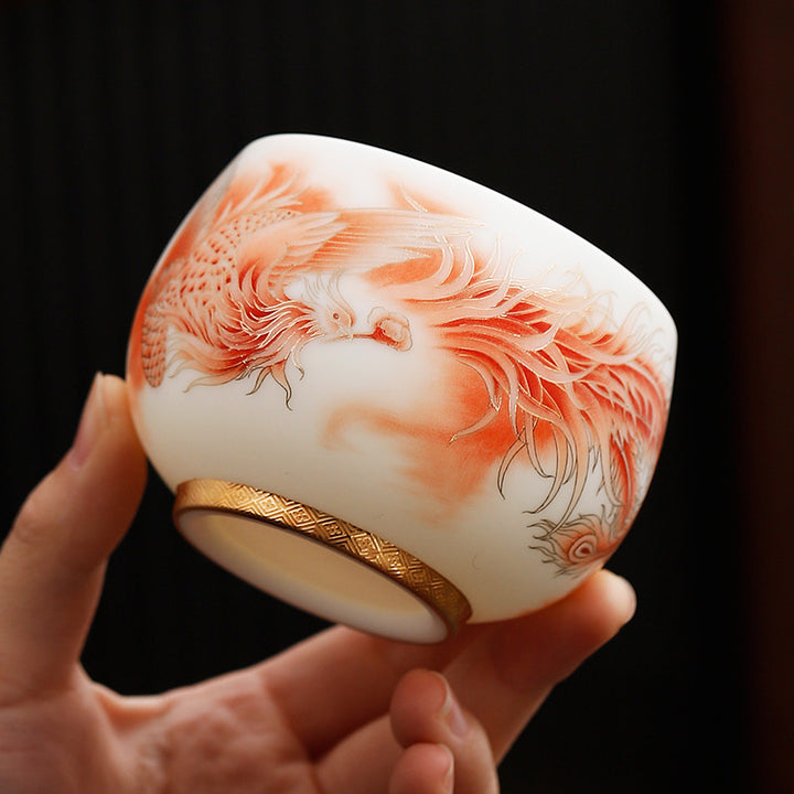 Buddha Stones鳳凰白磁陶器ティーカップカンフーティーカップ