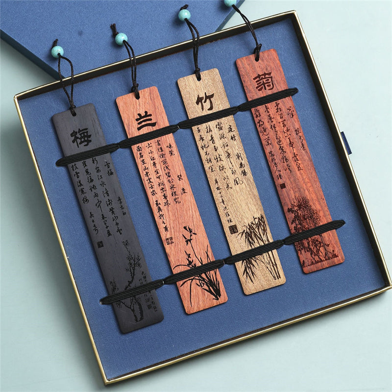 Buddha Stones、梅、蘭、竹、菊の木製ブックマーク、ギフトボックス付き