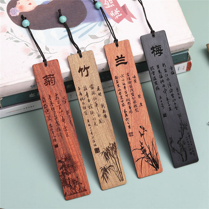 Buddha Stones、梅、蘭、竹、菊の木製ブックマーク、ギフトボックス付き