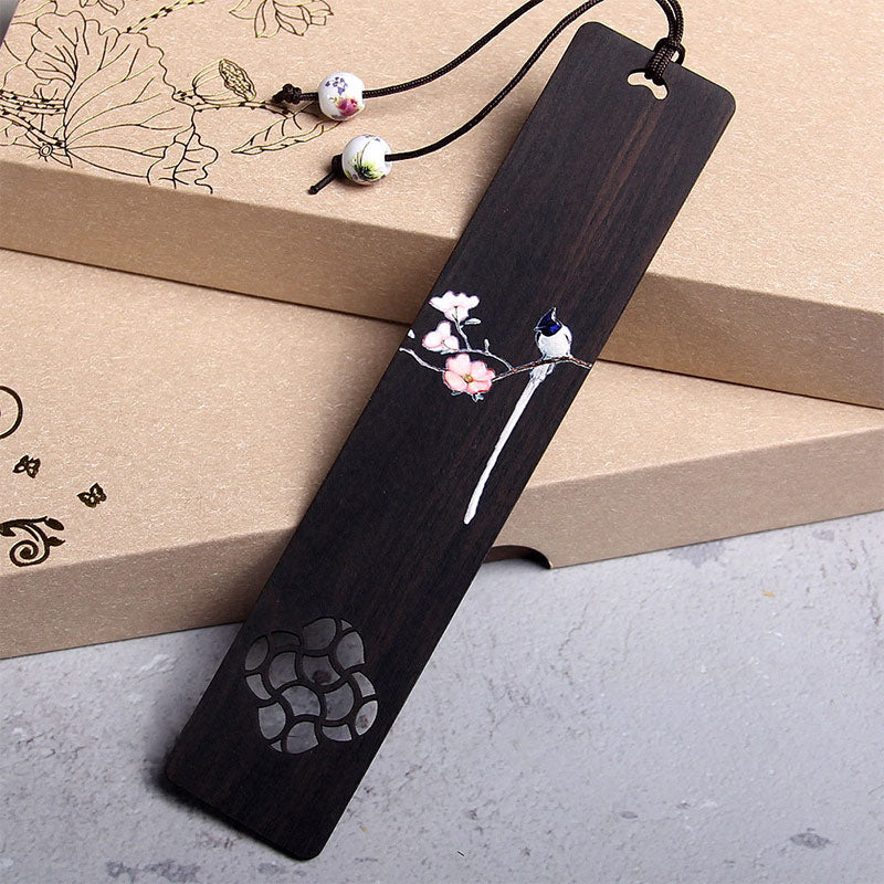 Buddha Stonesオリオール 鳥 花 黒檀 木製 ブックマーク ギフトボックス付き