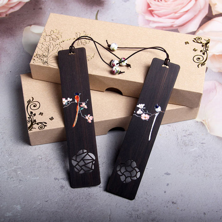 Buddha Stonesオリオール 鳥 花 黒檀 木製 ブックマーク ギフトボックス付き