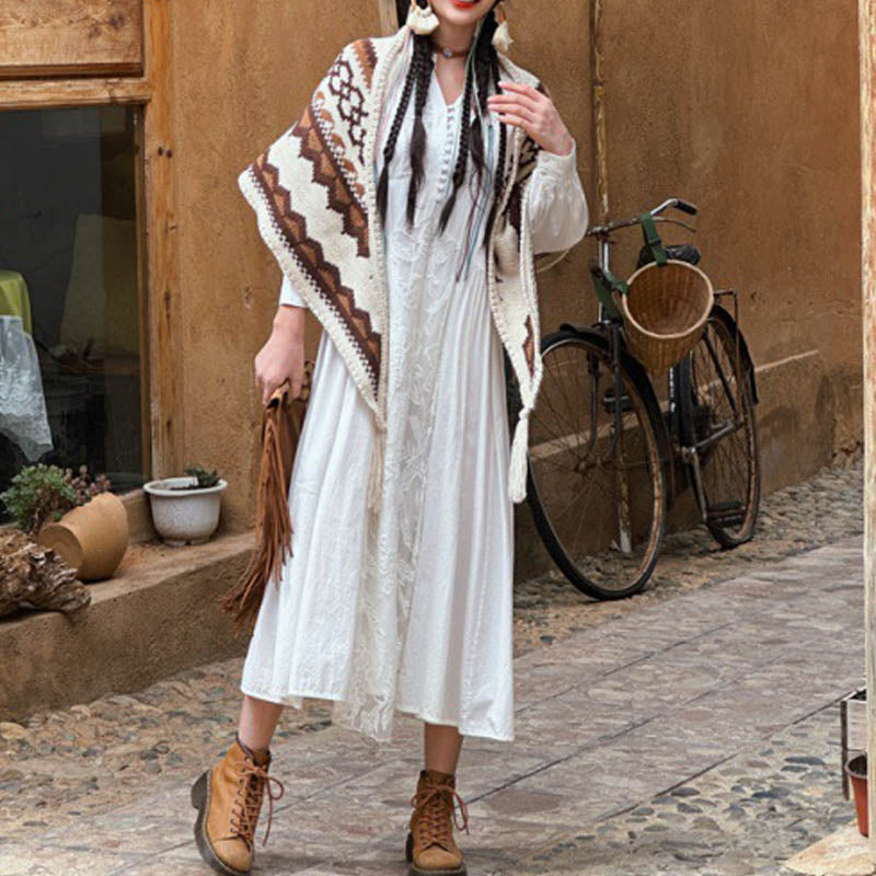 Buddha Stonesチベットストライプブラウンベージュタッセルショール冬用快適トラベルスカーフラップ - image 9