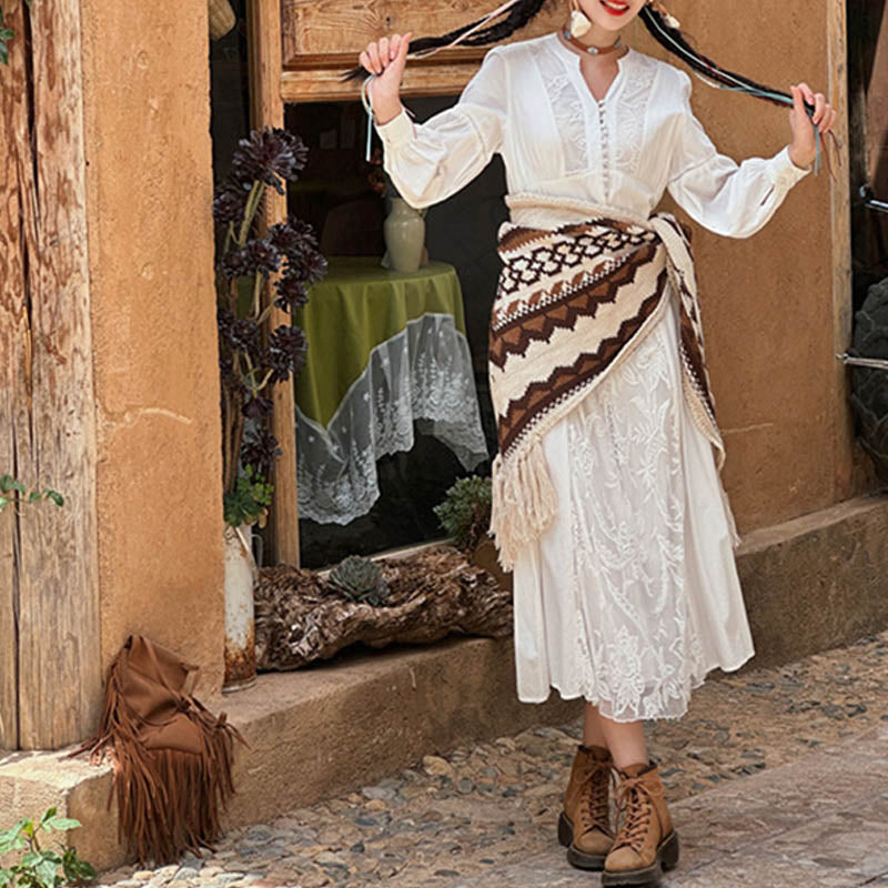 Buddha Stonesチベットストライプブラウンベージュタッセルショール冬用快適トラベルスカーフラップ - image 7