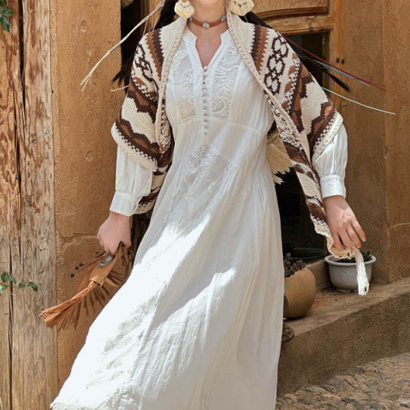 Buddha Stonesチベットストライプブラウンベージュタッセルショール冬用快適トラベルスカーフラップ - image 1