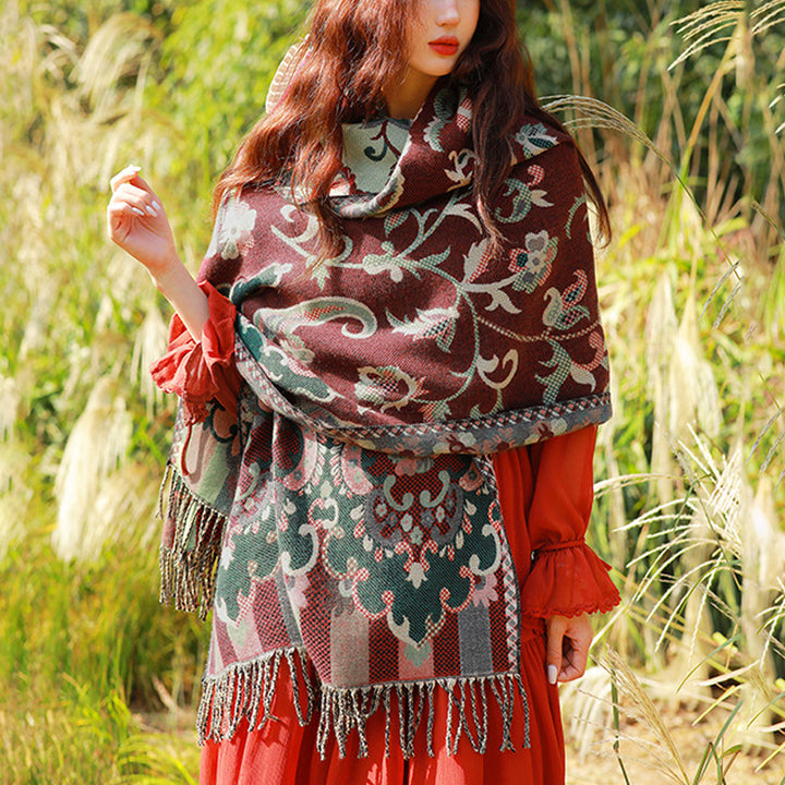 Buddha Stones、チベットの花、葉、枝のデザイン、タッセルショール、心地よい旅行用スカーフラップ - image 1