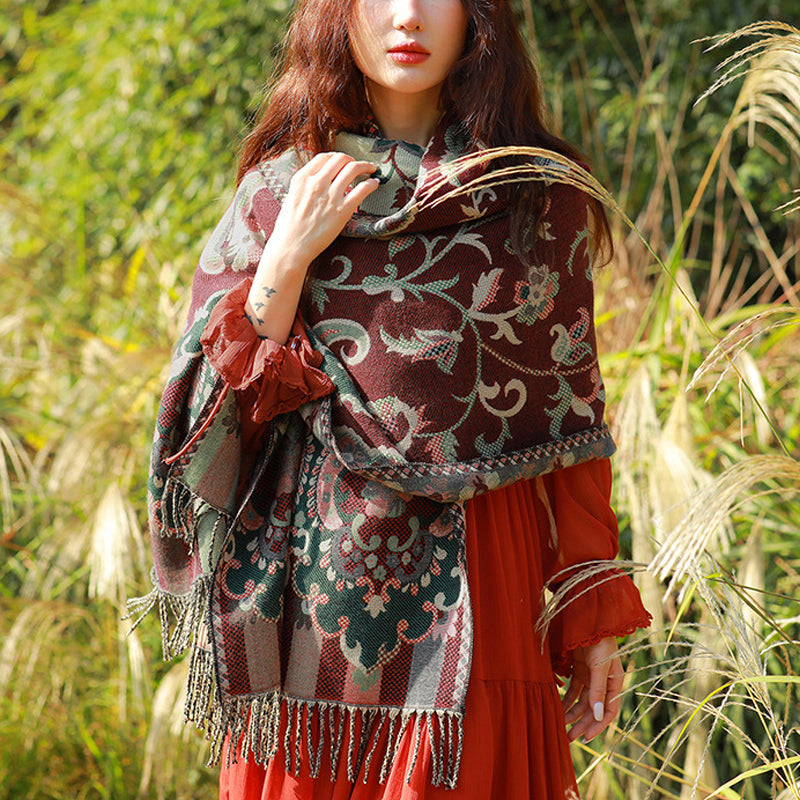 Buddha Stones、チベットの花、葉、枝のデザイン、タッセルショール、心地よい旅行用スカーフラップ - ダークレッド - image 0