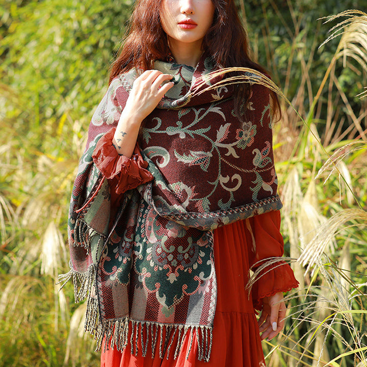 Buddha Stones、チベットの花、葉、枝のデザイン、タッセルショール、心地よい旅行用スカーフラップ - ダークレッド - image 0
