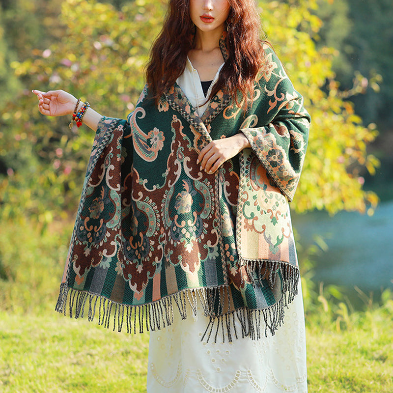 Buddha Stones、チベットの花、葉、枝のデザイン、タッセルショール、心地よい旅行用スカーフラップ - ダークグリーン - image 21