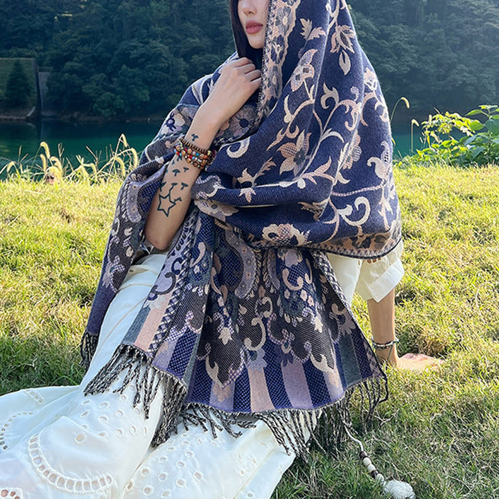 Buddha Stones、チベットの花、葉、枝のデザイン、タッセルショール、心地よい旅行用スカーフラップ - ネイビーブルー - image 31