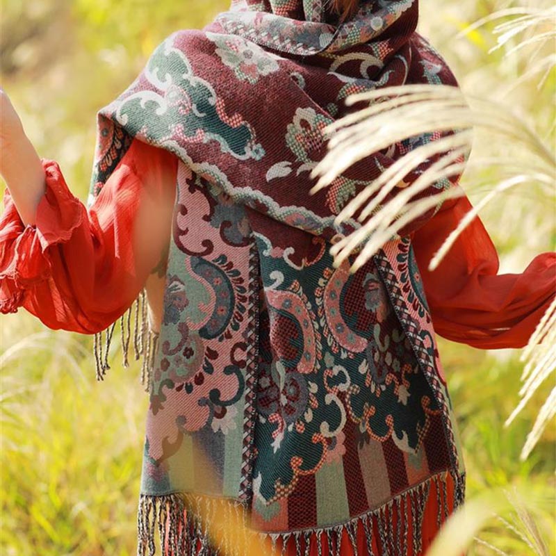 Buddha Stones、チベットの花、葉、枝のデザイン、タッセルショール、心地よい旅行用スカーフラップ - image 5