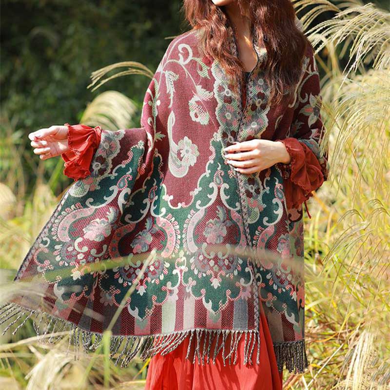 Buddha Stones、チベットの花、葉、枝のデザイン、タッセルショール、心地よい旅行用スカーフラップ - image 2