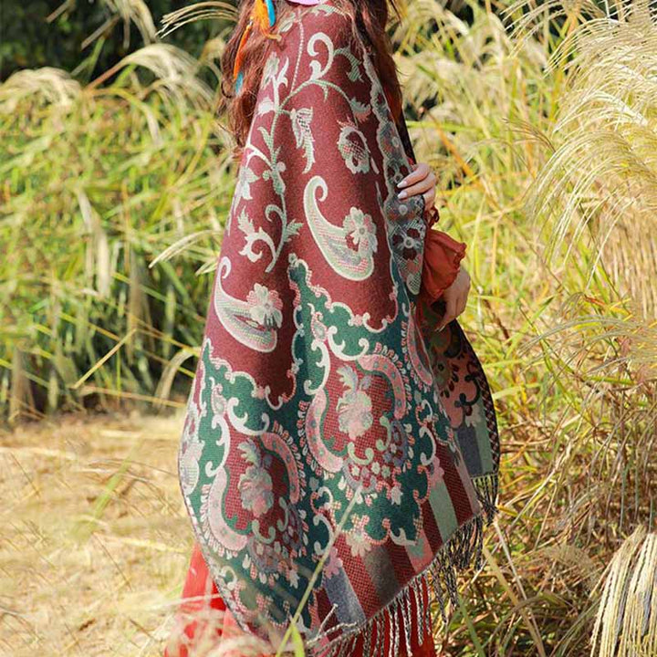 Buddha Stones、チベットの花、葉、枝のデザイン、タッセルショール、心地よい旅行用スカーフラップ - image 3