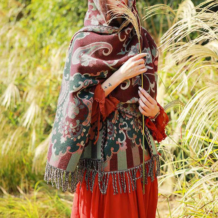 Buddha Stones、チベットの花、葉、枝のデザイン、タッセルショール、心地よい旅行用スカーフラップ - image 7