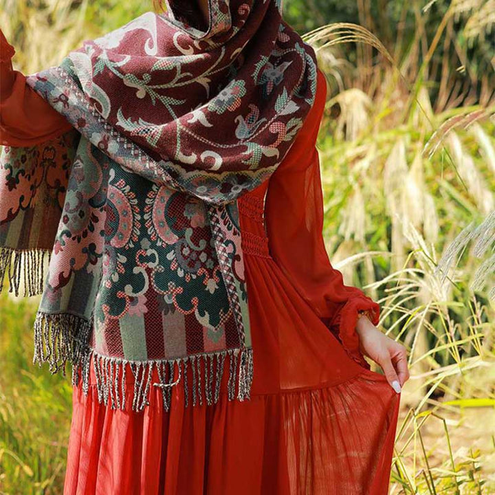 Buddha Stones、チベットの花、葉、枝のデザイン、タッセルショール、心地よい旅行用スカーフラップ - image 6