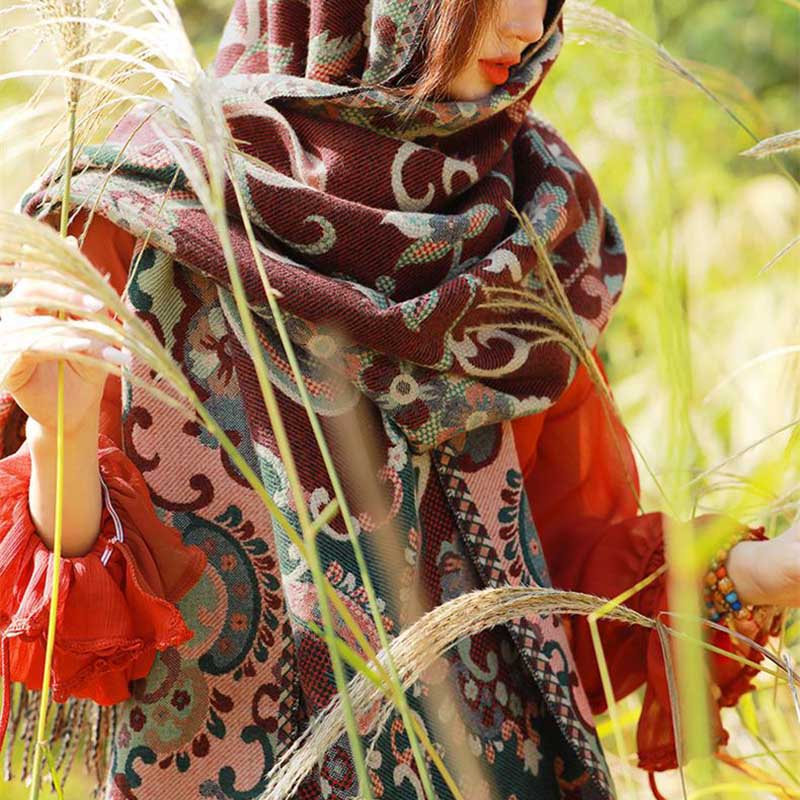 Buddha Stones、チベットの花、葉、枝のデザイン、タッセルショール、心地よい旅行用スカーフラップ - image 4