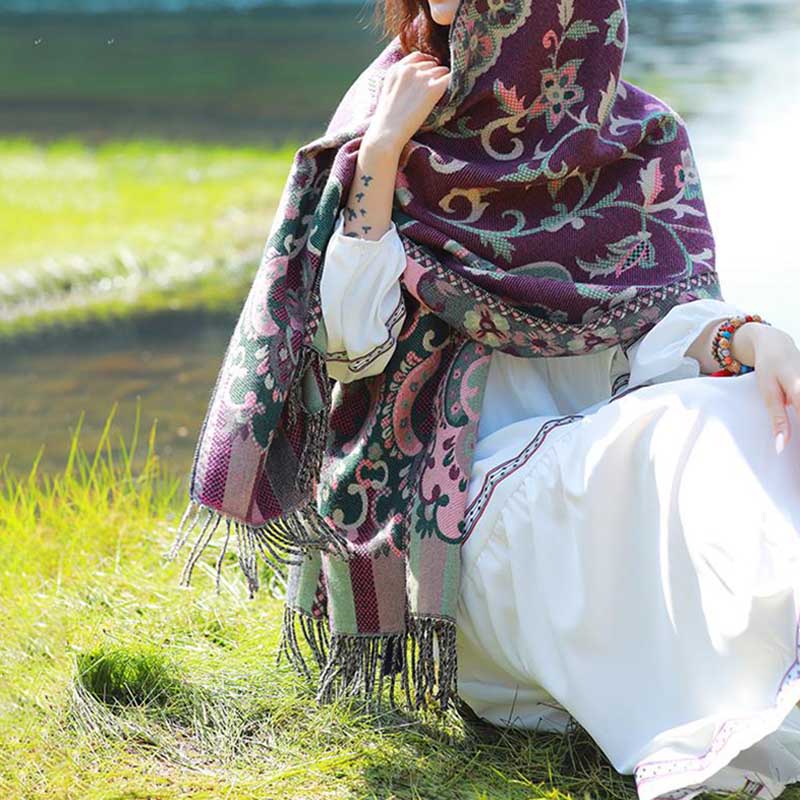 Buddha Stones、チベットの花、葉、枝のデザイン、タッセルショール、心地よい旅行用スカーフラップ - image 14