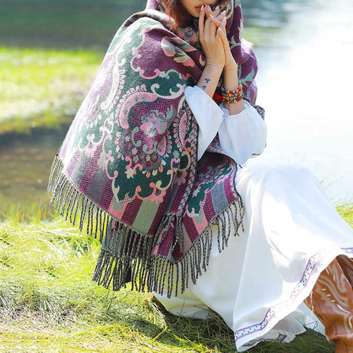 Buddha Stones、チベットの花、葉、枝のデザイン、タッセルショール、心地よい旅行用スカーフラップ - image 18