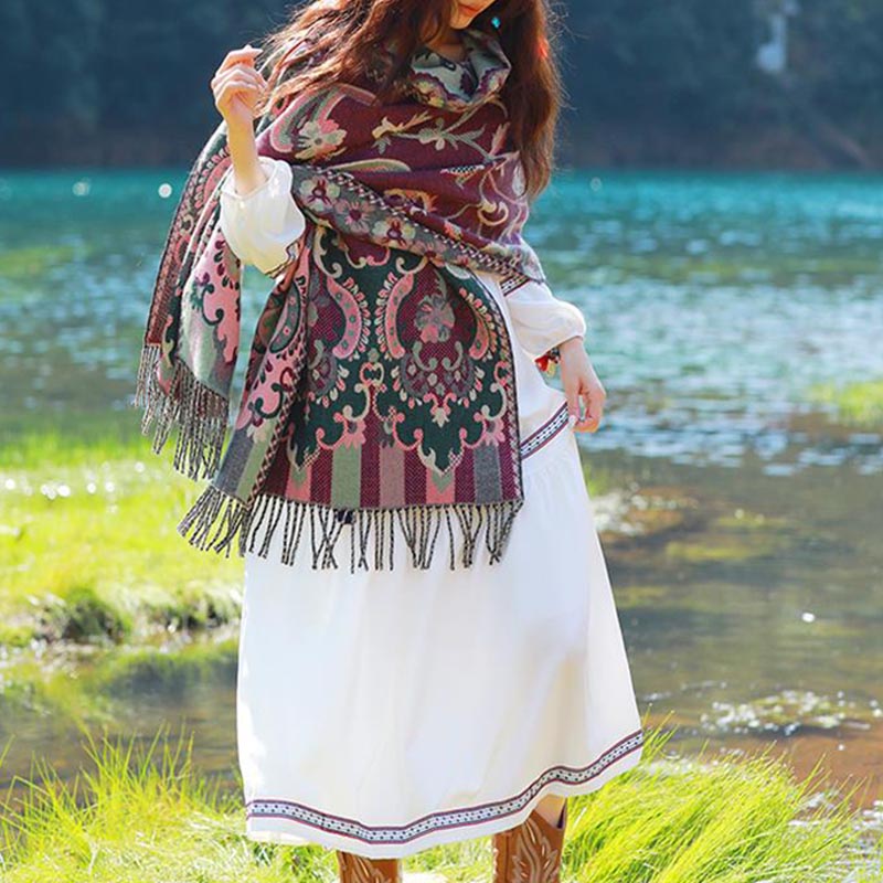 Buddha Stones、チベットの花、葉、枝のデザイン、タッセルショール、心地よい旅行用スカーフラップ - image 19