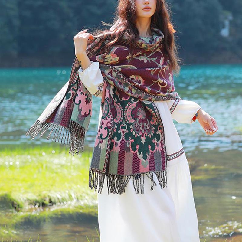 Buddha Stones、チベットの花、葉、枝のデザイン、タッセルショール、心地よい旅行用スカーフラップ - image 11