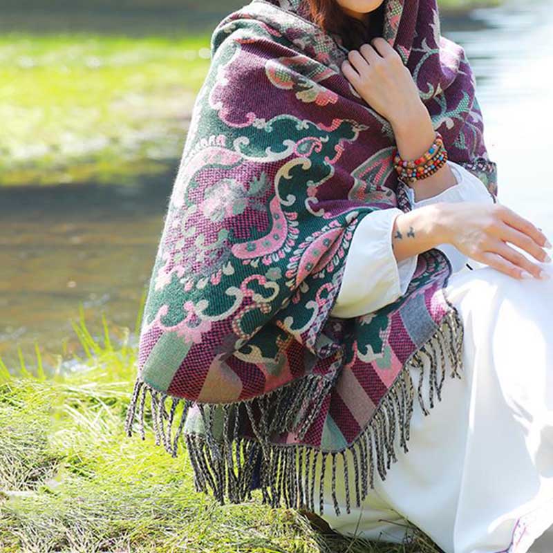 Buddha Stones、チベットの花、葉、枝のデザイン、タッセルショール、心地よい旅行用スカーフラップ - image 16