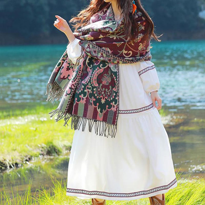 Buddha Stones、チベットの花、葉、枝のデザイン、タッセルショール、心地よい旅行用スカーフラップ - image 20