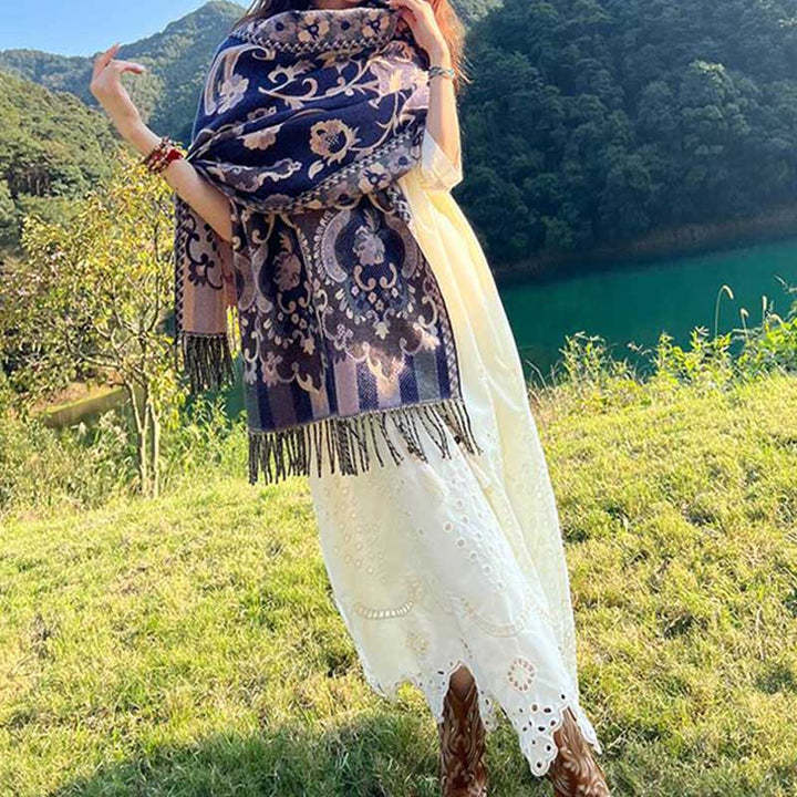 Buddha Stones、チベットの花、葉、枝のデザイン、タッセルショール、心地よい旅行用スカーフラップ