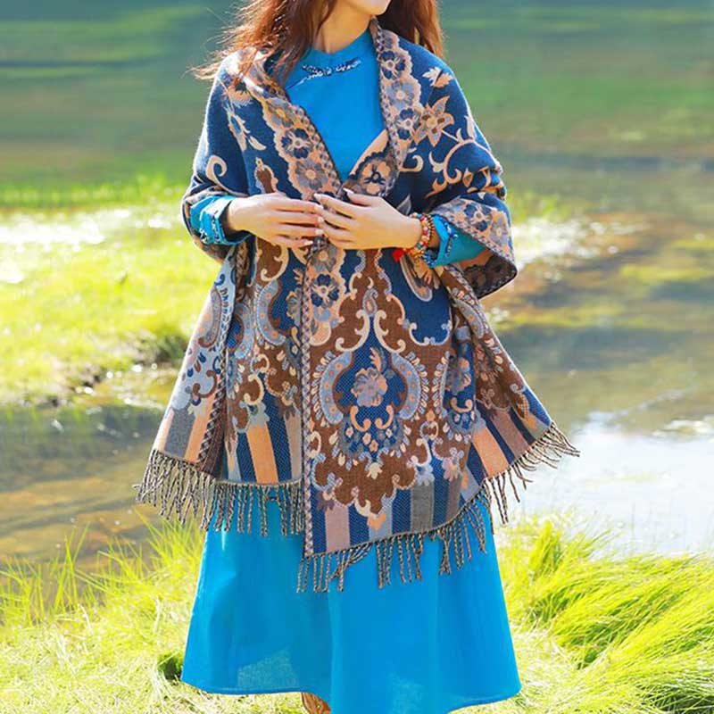 Buddha Stones、チベットの花、葉、枝のデザイン、タッセルショール、心地よい旅行用スカーフラップ - image 36