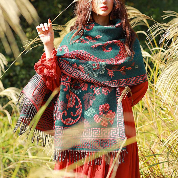 Buddha Stones、チベットの花、葉の模様デザインショール、心地よい旅行用スカーフラップ - 緑 - image 0