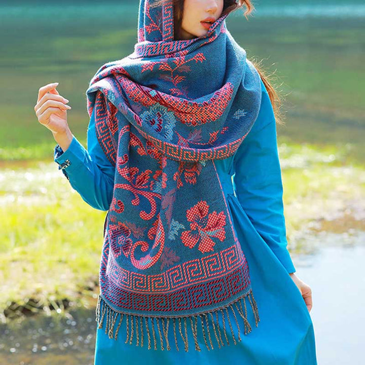 Buddha Stones、チベットの花、葉の模様デザインショール、心地よい旅行用スカーフラップ - 青 - image 9