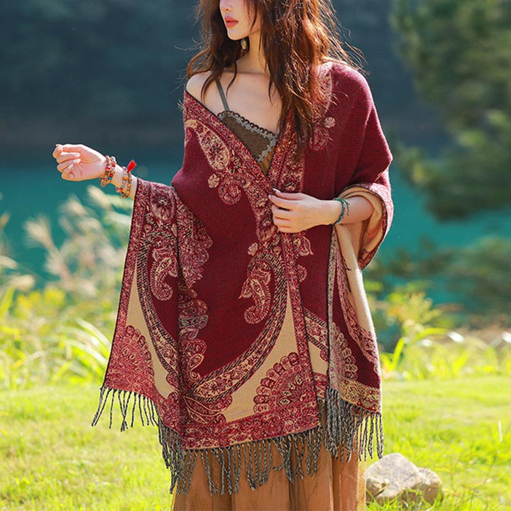 Buddha Stonesチベットの蔓葉模様デザイン ショール 心地よい旅行用スカーフ ラップ - レッドベージュ - image 0