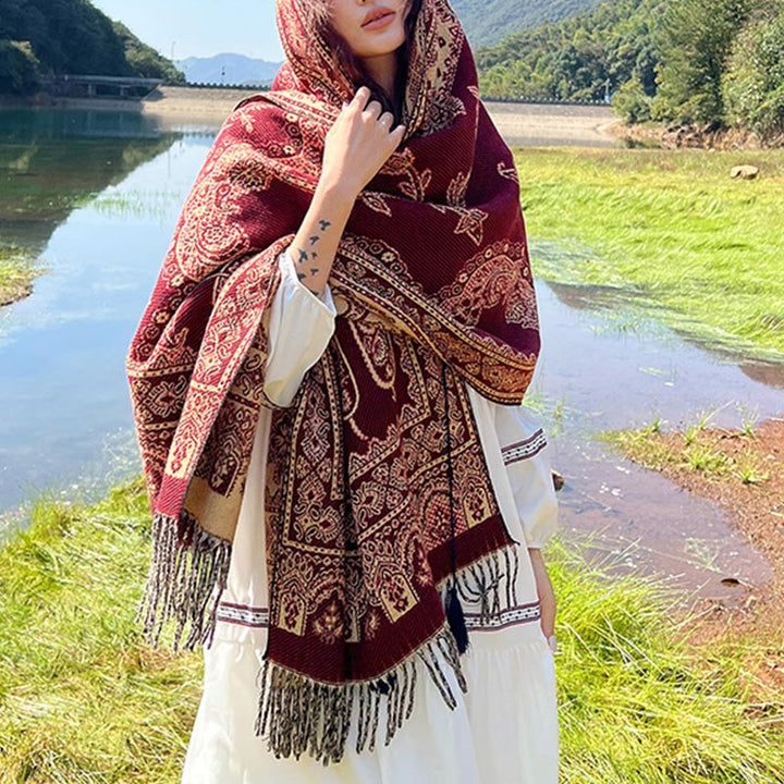 Buddha Stonesヴィンテージ チベット 葉柄 デザイン ショール 心地よい 旅行用 スカーフ ラップ - ダークレッド - image 15