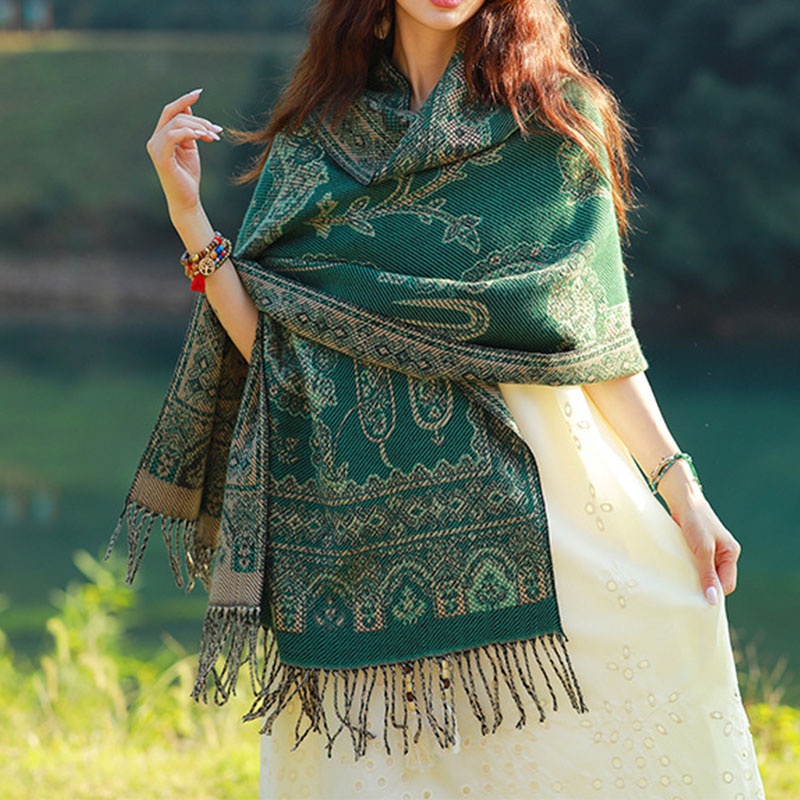 Buddha Stonesヴィンテージ チベット 葉柄 デザイン ショール 心地よい 旅行用 スカーフ ラップ - ダークグリーン - image 21