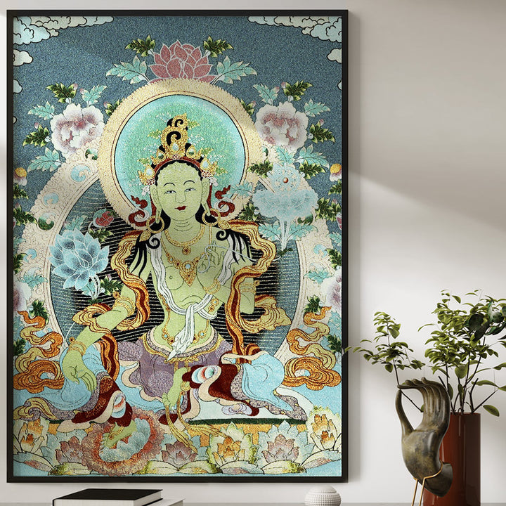 Buddha Stonesチベット刺繍 ホワイト ターラ タンカ タペストリー 壁掛け 壁アート 瞑想 室内装飾用