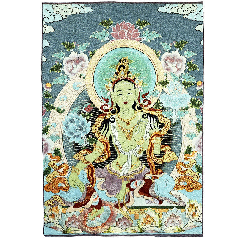 Buddha Stonesチベット刺繍 ホワイト ターラ タンカ タペストリー 壁掛け 壁アート 瞑想 室内装飾用