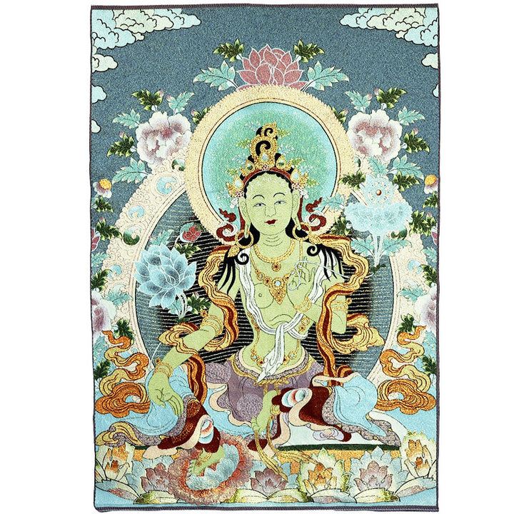 Buddha Stonesチベット刺繍 ホワイト ターラ タンカ タペストリー 壁掛け 壁アート 瞑想 室内装飾用