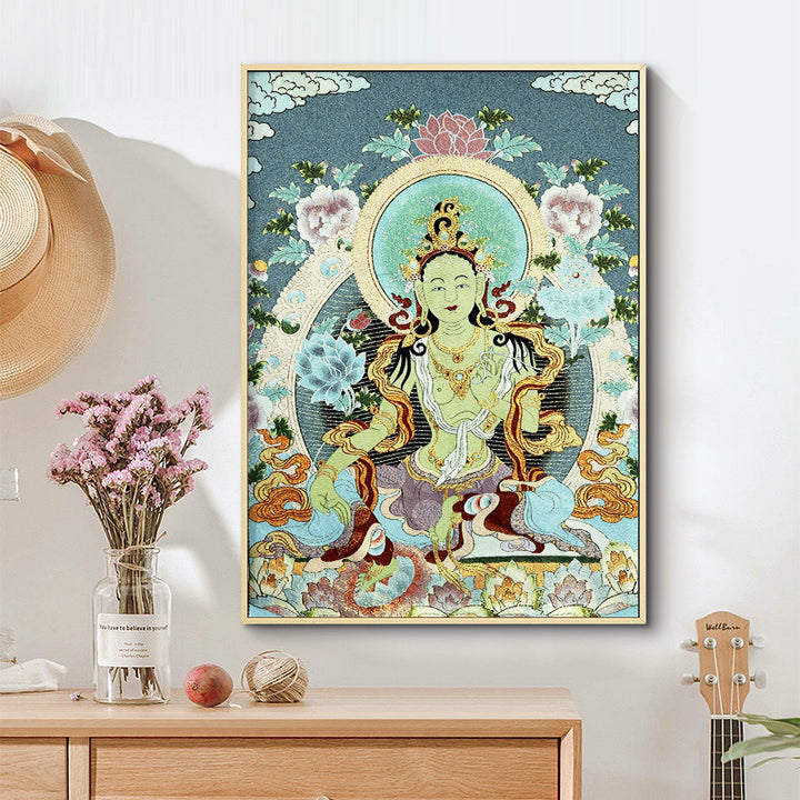 Buddha Stonesチベット刺繍 ホワイト ターラ タンカ タペストリー 壁掛け 壁アート 瞑想 室内装飾用