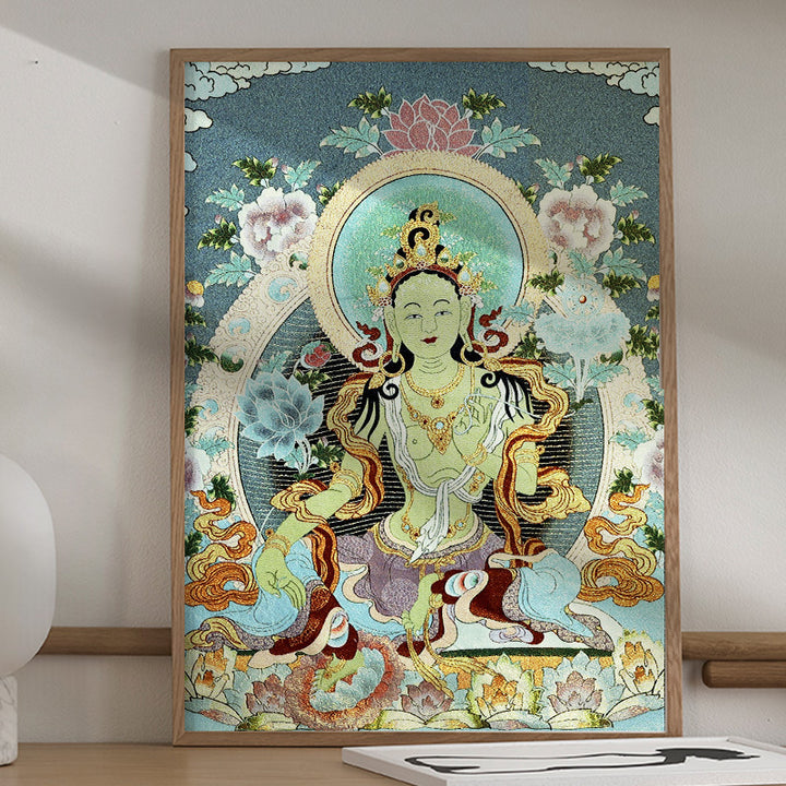 Buddha Stonesチベット刺繍 ホワイト ターラ タンカ タペストリー 壁掛け 壁アート 瞑想 室内装飾用