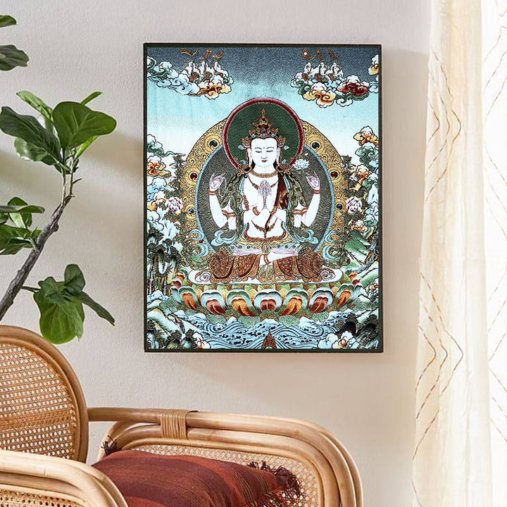 Buddha Stonesチベット刺繍 ホワイト ターラ タンカ タペストリー 壁掛け 壁アート 瞑想 室内装飾用