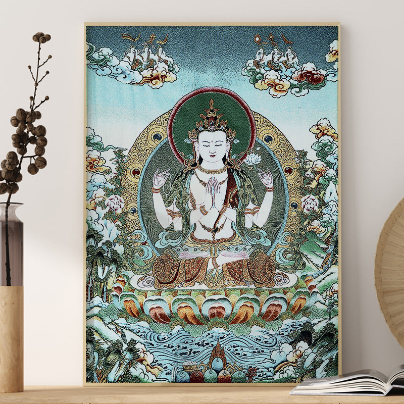 Buddha Stonesチベット刺繍 ホワイト ターラ タンカ タペストリー 壁掛け 壁アート 瞑想 室内装飾用