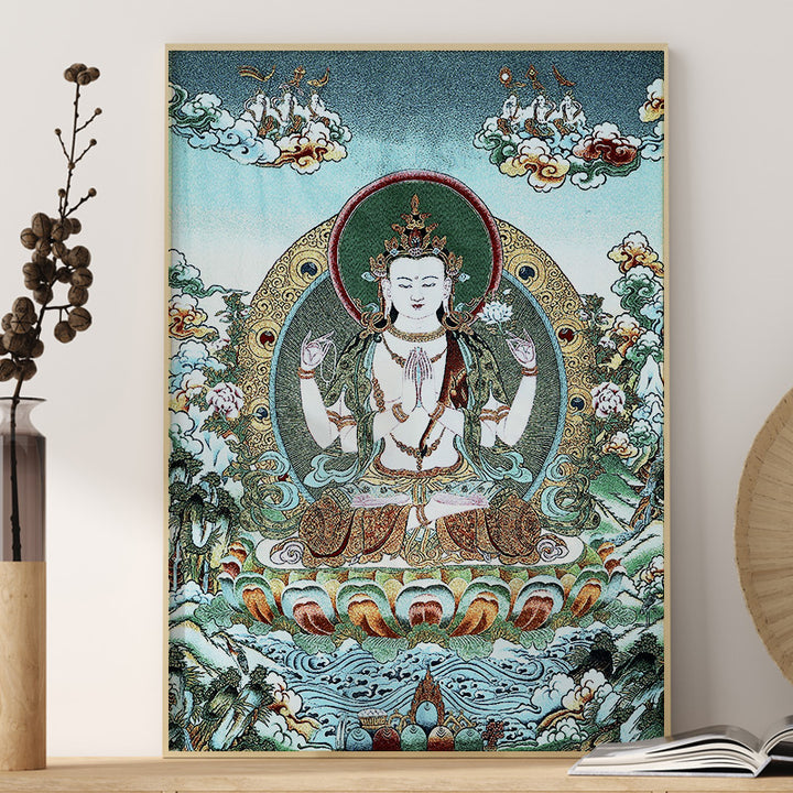 Buddha Stonesチベット刺繍 ホワイト ターラ タンカ タペストリー 壁掛け 壁アート 瞑想 室内装飾用