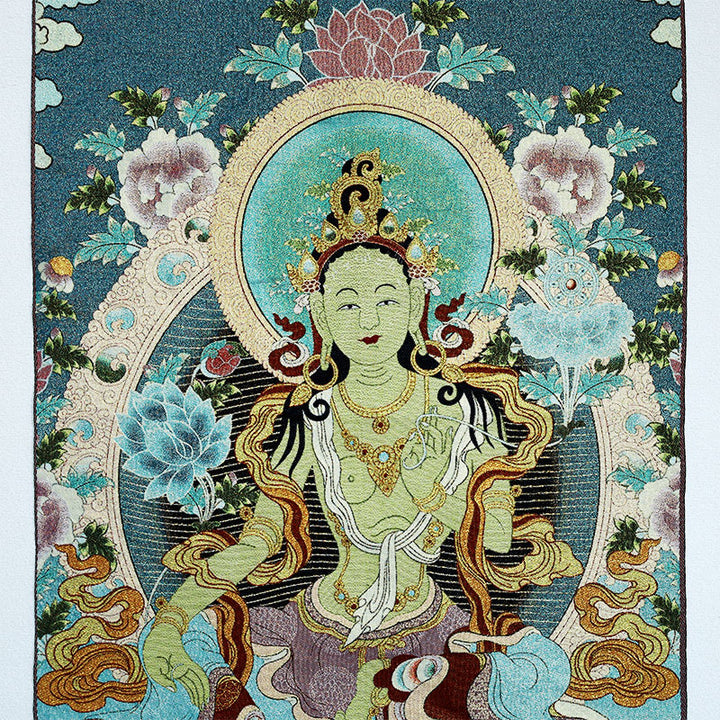 Buddha Stonesチベット刺繍 ホワイト ターラ タンカ タペストリー 壁掛け 壁アート 瞑想 室内装飾用