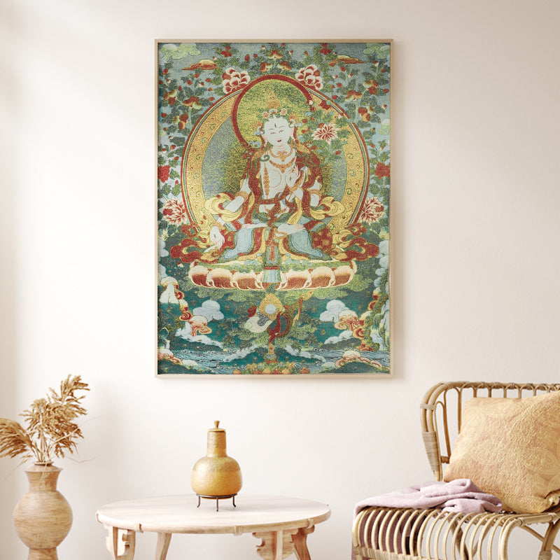 Buddha Stonesチベット刺繍 ホワイト ターラ タンカ タペストリー 壁掛け 壁アート 瞑想 室内装飾用