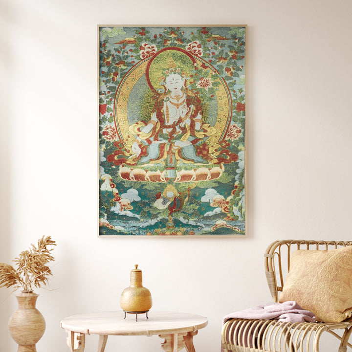 Buddha Stonesチベット刺繍 ホワイト ターラ タンカ タペストリー 壁掛け 壁アート 瞑想 室内装飾用